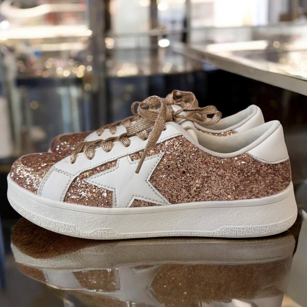 Rose Gold Glitter Star‎ Sneakers Y2K Glam Festival Platform Casual Shoes SZ 9